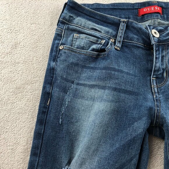 Guess Womens Jeans Size 29 Ankle Mid Rise Skinny Sarah Fit Blue Denim Distressed - Picture 13 of 16